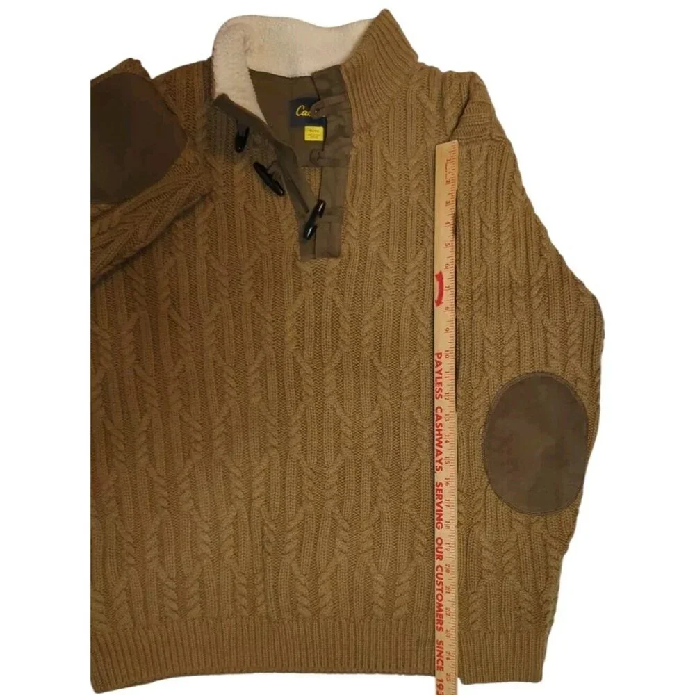 Cabela's Mens‎ XL Cable Fisherman Knit Sweater Toggle Buttons Elbow Patchs Heavy